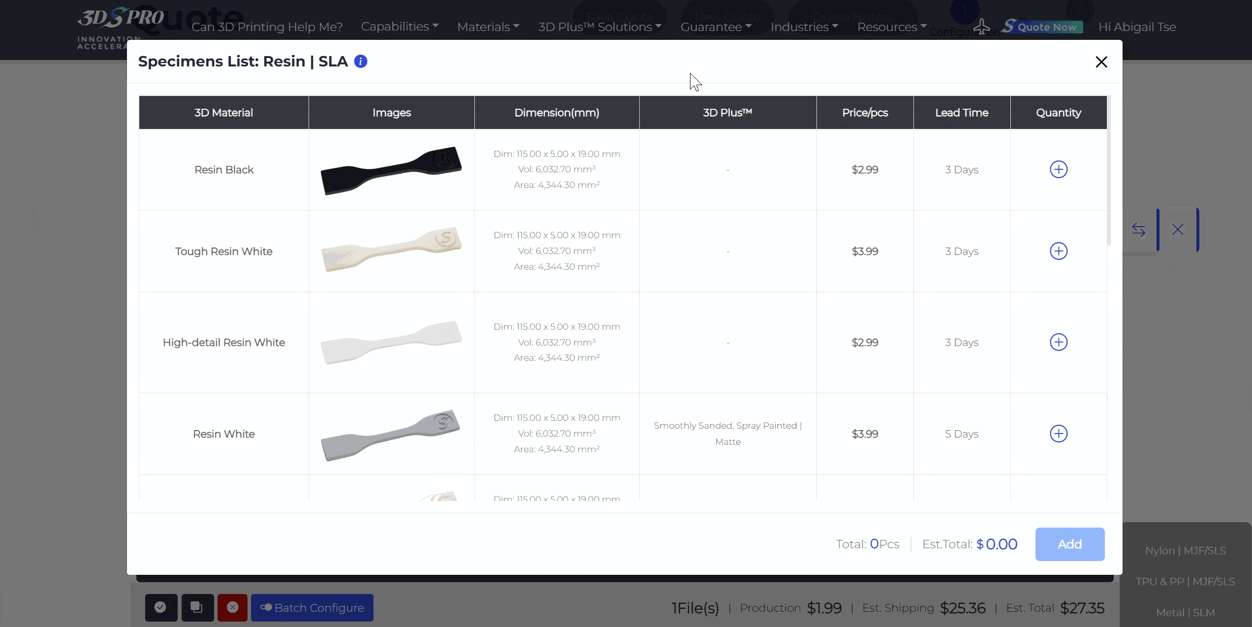 add material specimens_3dspro s quote